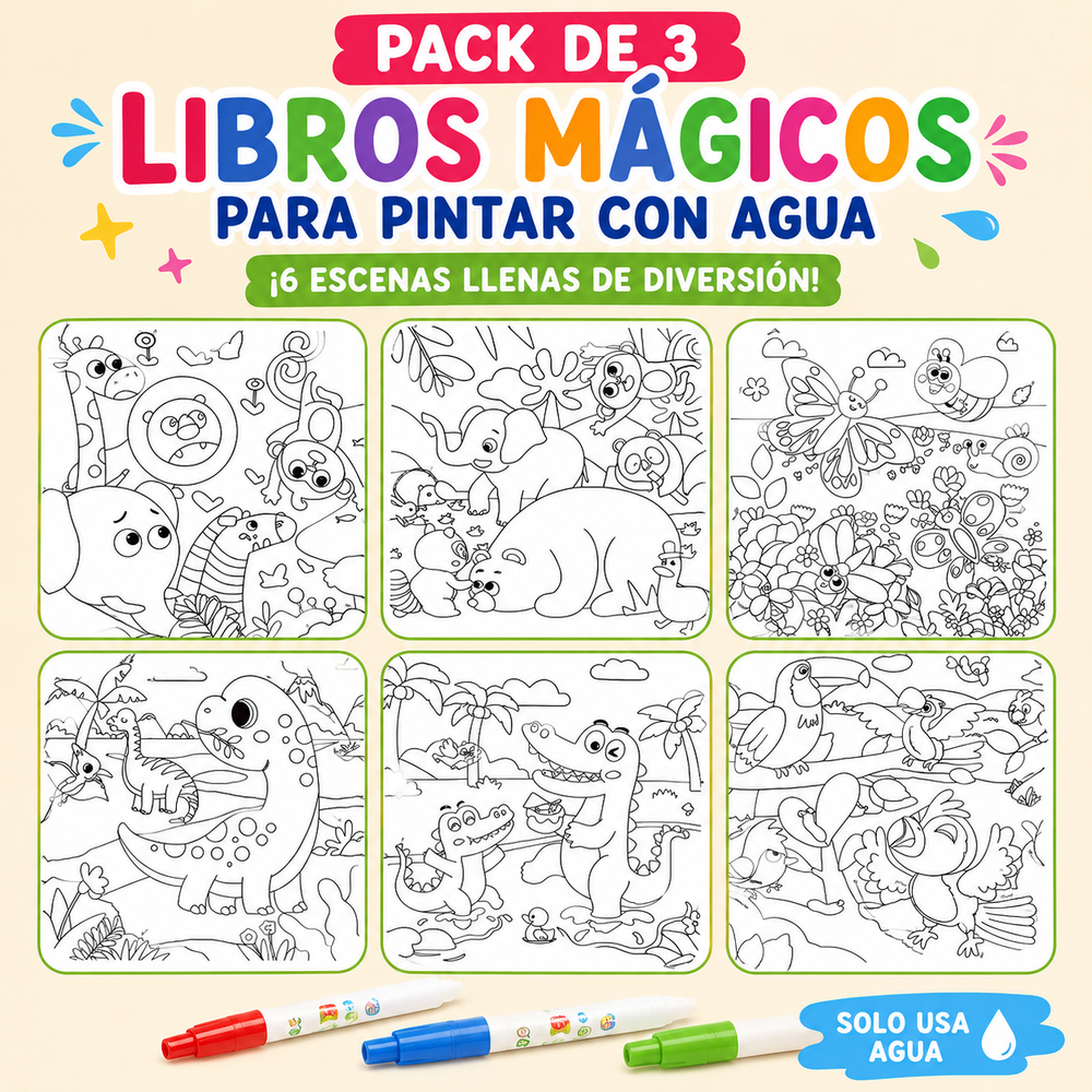 PACK DE 3 LIBROS MÁGICOS PARA PINTAR CON AGUA